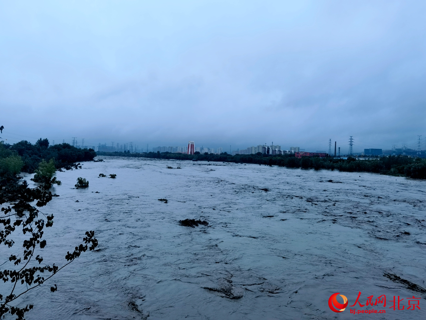 永定河水流湍急，河水已漫過(guò)河堤。人民網(wǎng)記者 李楠楠攝